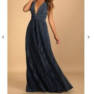 Blue Sparkly Pleated Maxi Dress